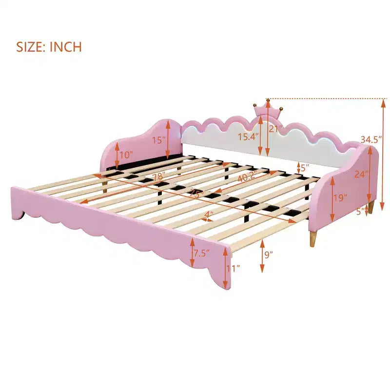 Upholstered Extendable Daybed with Crown Headboard and LED Lights, Twin Size
