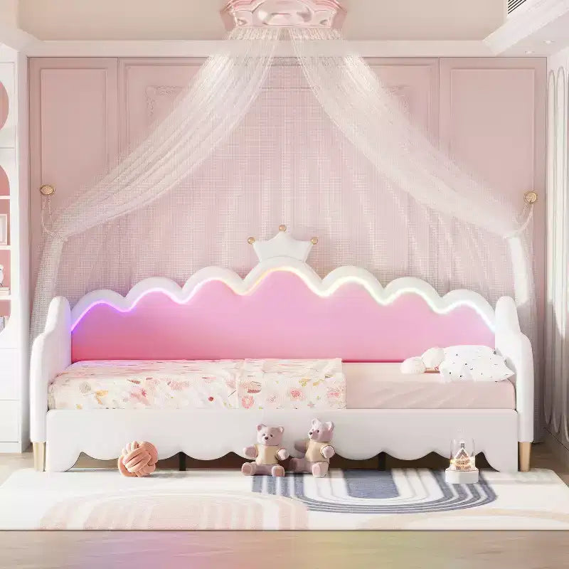 Upholstered Extendable Daybed with Crown Headboard and LED Lights, Twin Size