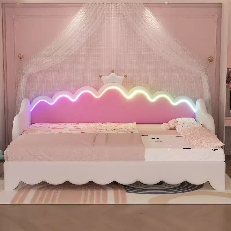 Upholstered Extendable Daybed with Crown Headboard and LED Lights, Twin Size