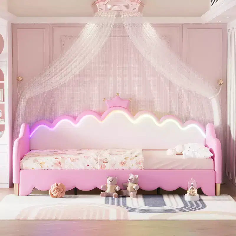 Upholstered Extendable Daybed with Crown Headboard and LED Lights, Twin Size