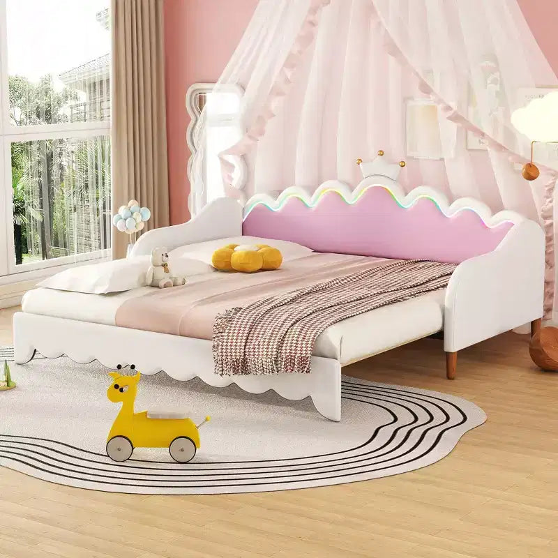Upholstered Extendable Daybed with Crown Headboard and LED Lights, Twin Size