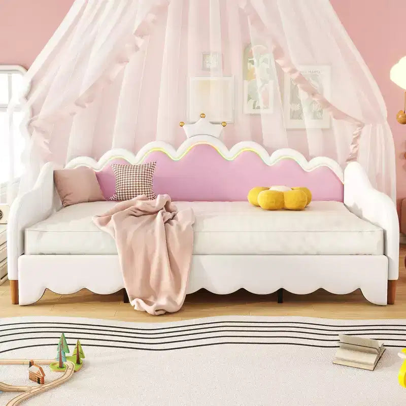 Upholstered Extendable Daybed with Crown Headboard and LED Lights, Twin Size