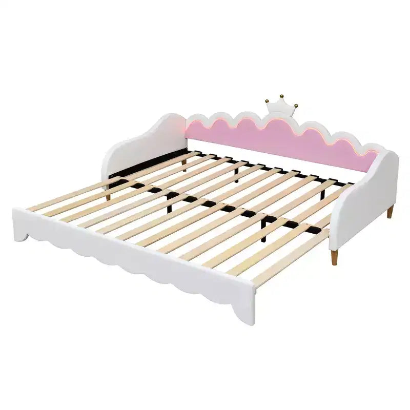 Upholstered Extendable Daybed with Crown Headboard and LED Lights, Twin Size