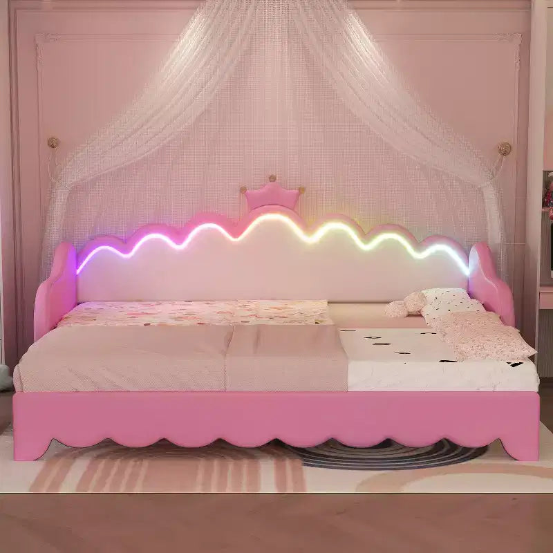 Upholstered Extendable Daybed with Crown Headboard and LED Lights, Twin Size