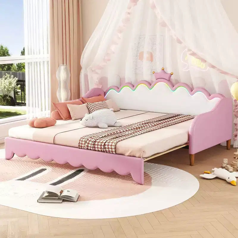 Upholstered Extendable Daybed with Crown Headboard and LED Lights, Twin Size