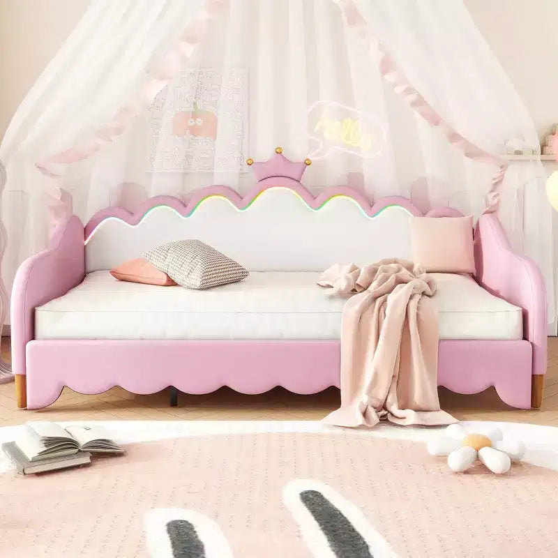 Upholstered Extendable Daybed with Crown Headboard and LED Lights, Twin Size