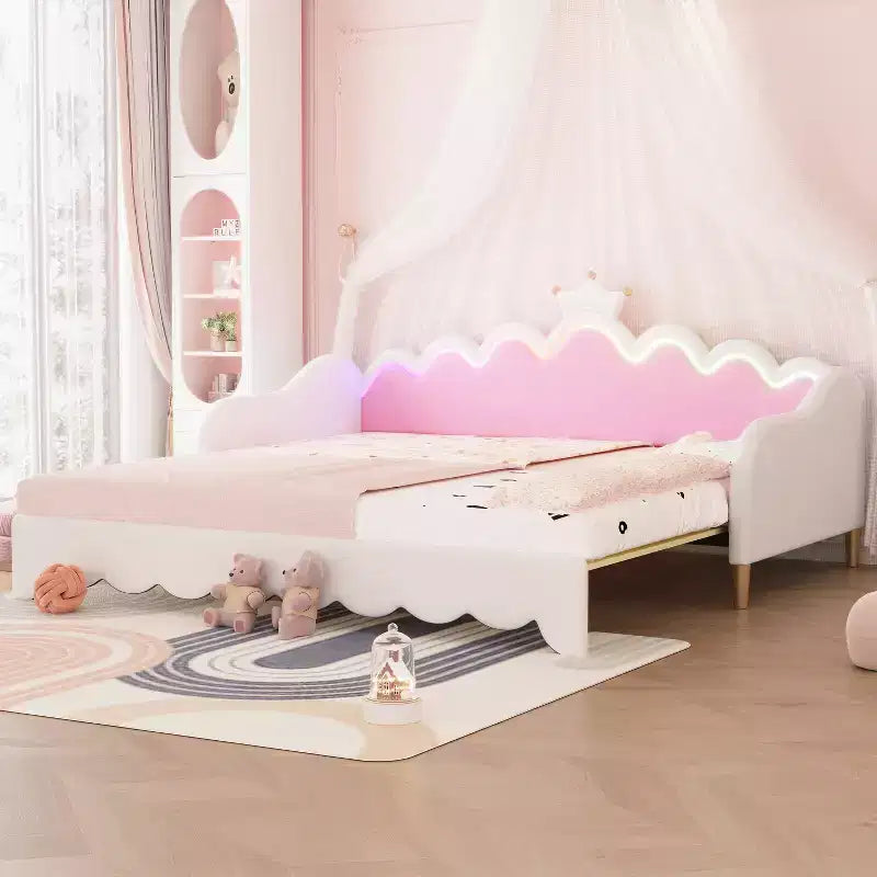 Upholstered Extendable Daybed with Crown Headboard and LED Lights, Twin Size