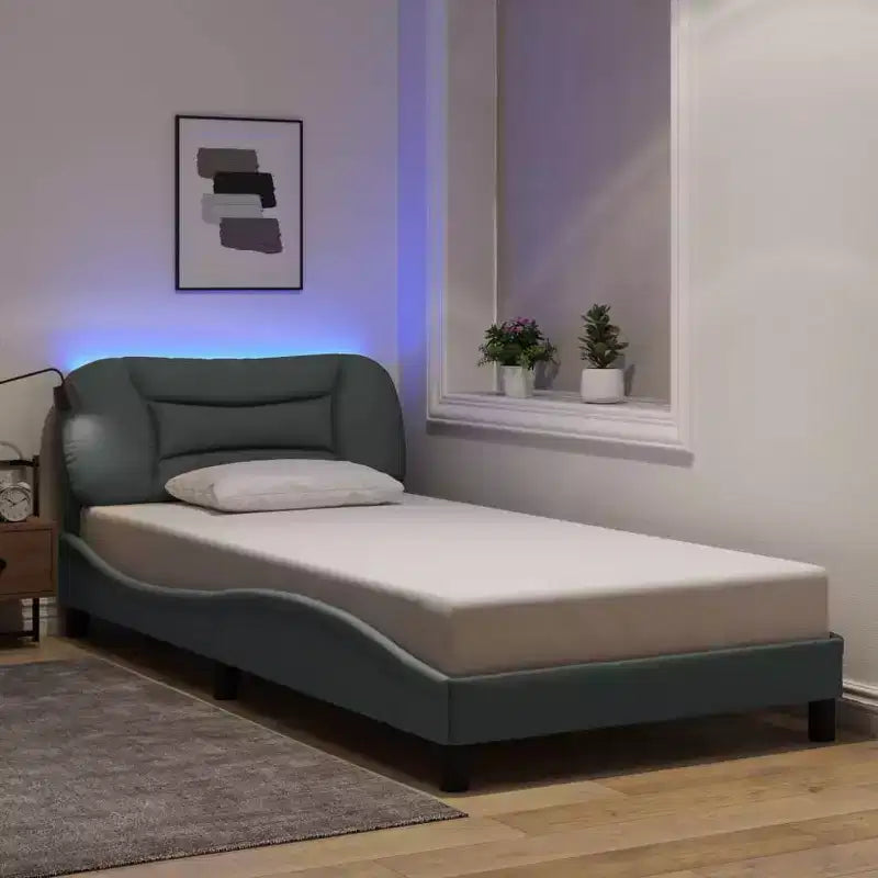 Curved Platform Bed Frame with LED Lights and Upholstered Fabric