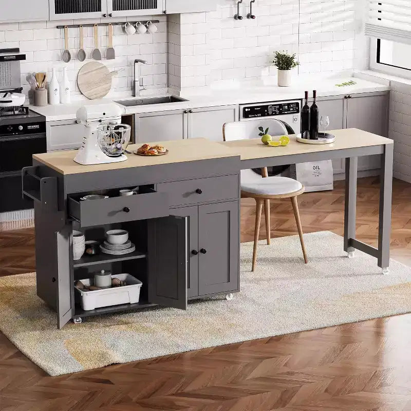 74.5" Rolling Kitchen Island Cart with Extendable Table, Spice Rack, 2 Drawers and 4 Cabinet Doors – Grey