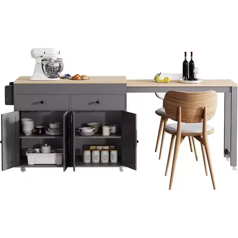 74.5" Rolling Kitchen Island Cart with Extendable Table, Spice Rack, 2 Drawers and 4 Cabinet Doors – Grey