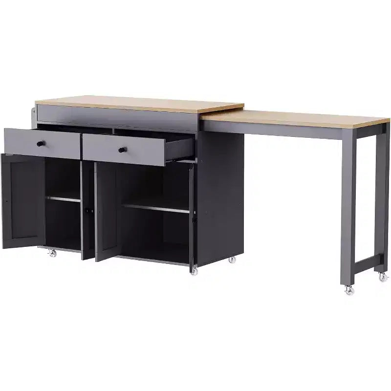 74.5" Rolling Kitchen Island Cart with Extendable Table, Spice Rack, 2 Drawers and 4 Cabinet Doors – Grey