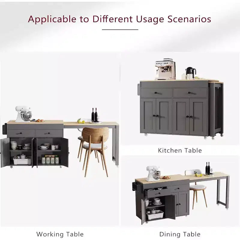 74.5" Rolling Kitchen Island Cart with Extendable Table, Spice Rack, 2 Drawers and 4 Cabinet Doors – Grey