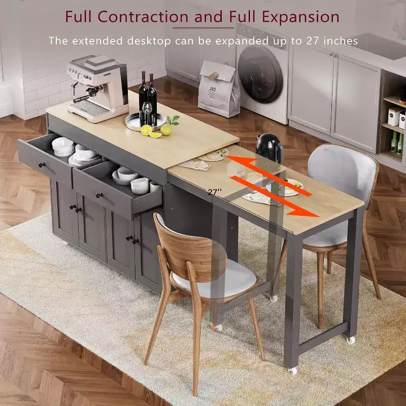 74.5" Rolling Kitchen Island Cart with Extendable Table, Spice Rack, 2 Drawers and 4 Cabinet Doors – Grey
