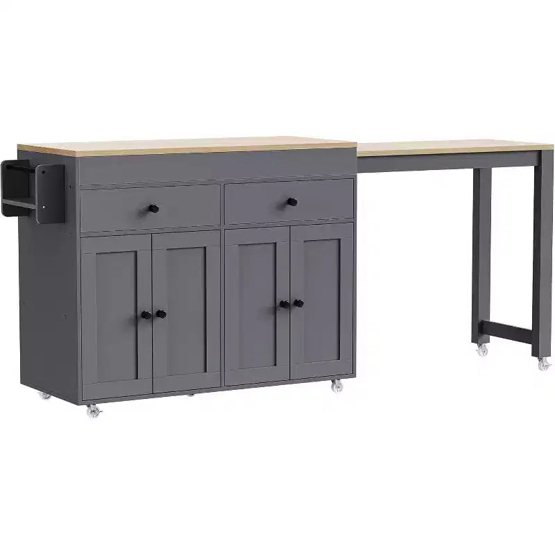 74.5" Rolling Kitchen Island Cart with Extendable Table, Spice Rack, 2 Drawers and 4 Cabinet Doors – Grey
