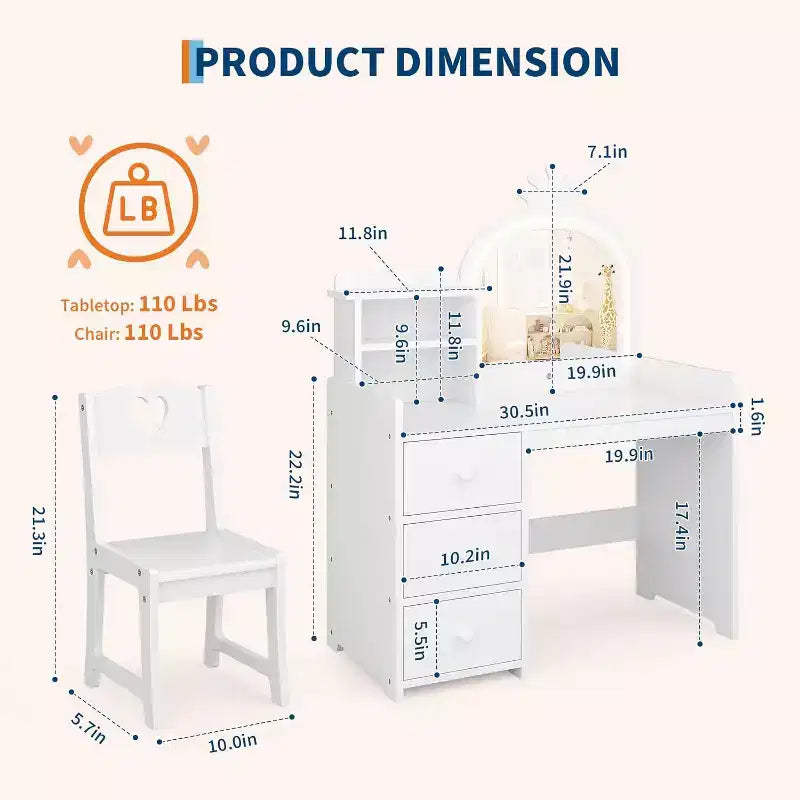 Kids Vanity with Lights, 2-in-1 Princess Makeup Table with Stool & Drawers, Convertible Desk for Bedroom