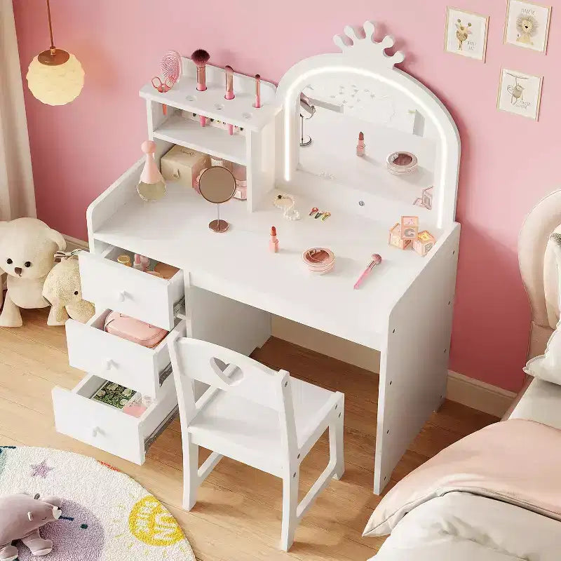 Kids Vanity with Lights, 2-in-1 Princess Makeup Table with Stool & Drawers, Convertible Desk for Bedroom