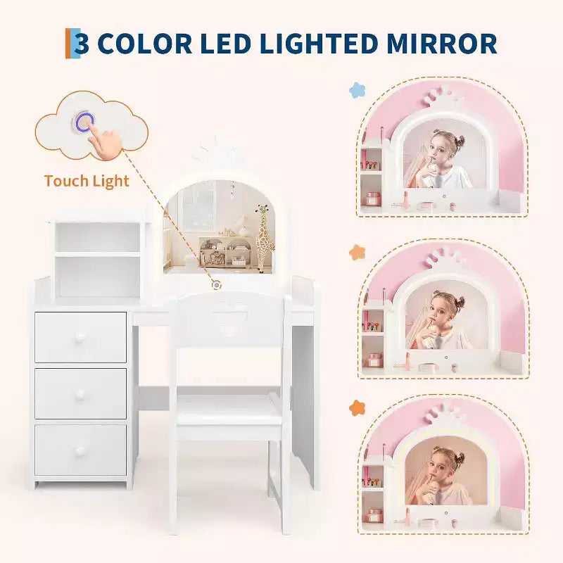 Kids Vanity with Lights, 2-in-1 Princess Makeup Table with Stool & Drawers, Convertible Desk for Bedroom