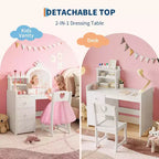 Kids Vanity with Lights, 2-in-1 Princess Makeup Table with Stool & Drawers, Convertible Desk for Bedroom