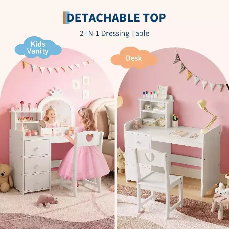 Kids Vanity with Lights, 2-in-1 Princess Makeup Table with Stool & Drawers, Convertible Desk for Bedroom