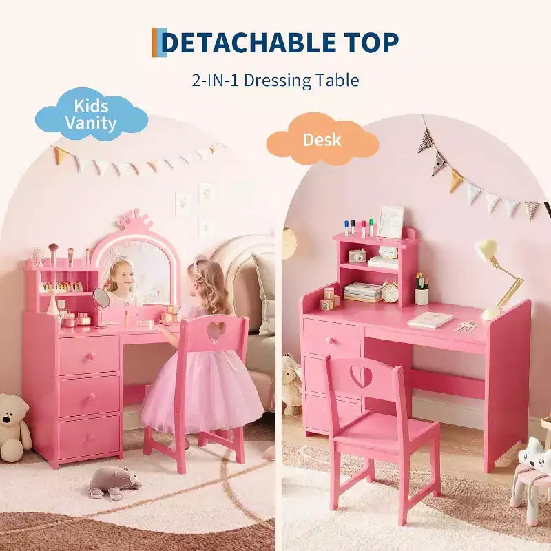 Kids Vanity with Lights, 2-in-1 Princess Makeup Table with Stool & Drawers, Convertible Desk for Bedroom