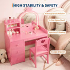 Kids Vanity with Lights, 2-in-1 Princess Makeup Table with Stool & Drawers, Convertible Desk for Bedroom