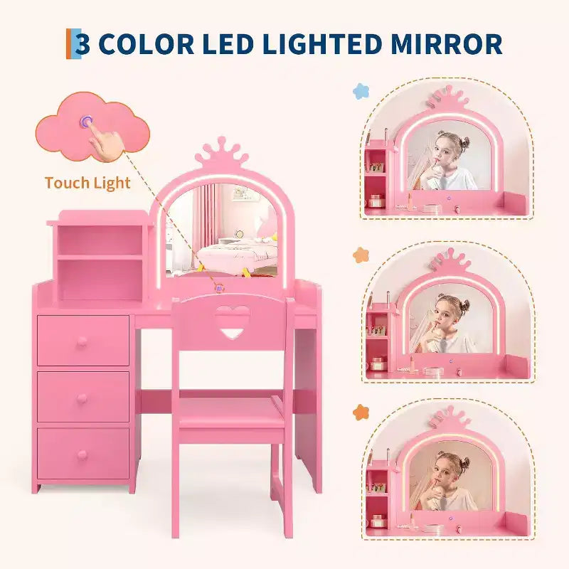 Kids Vanity with Lights, 2-in-1 Princess Makeup Table with Stool & Drawers, Convertible Desk for Bedroom