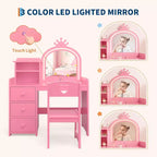 Kids Vanity with Lights, 2-in-1 Princess Makeup Table with Stool & Drawers, Convertible Desk for Bedroom
