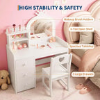 Kids Vanity with Lights, 2-in-1 Princess Makeup Table with Stool & Drawers, Convertible Desk for Bedroom