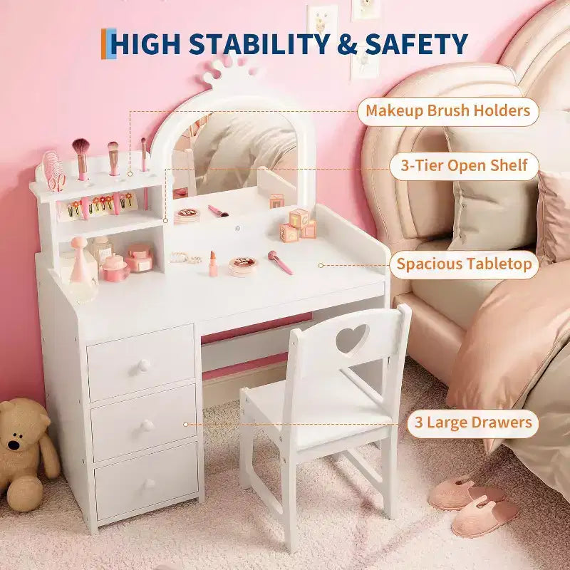 Kids Vanity with Lights, 2-in-1 Princess Makeup Table with Stool & Drawers, Convertible Desk for Bedroom