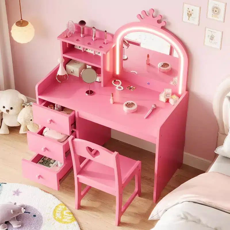 Kids Vanity with Lights, 2-in-1 Princess Makeup Table with Stool & Drawers, Convertible Desk for Bedroom