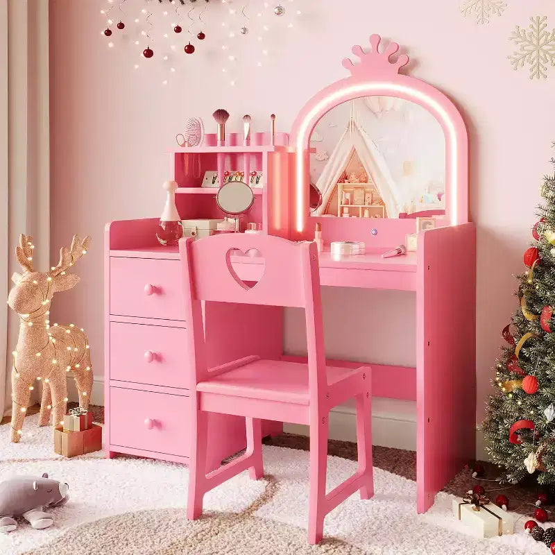 Kids Vanity with Lights, 2-in-1 Princess Makeup Table with Stool & Drawers, Convertible Desk for Bedroom