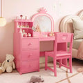 Kids Vanity with Lights, 2-in-1 Princess Makeup Table with Stool & Drawers, Convertible Desk for Bedroom
