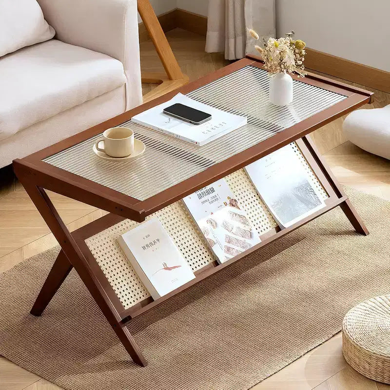 Rattan Coffee Table with Tempered Glass Top and Open Storage