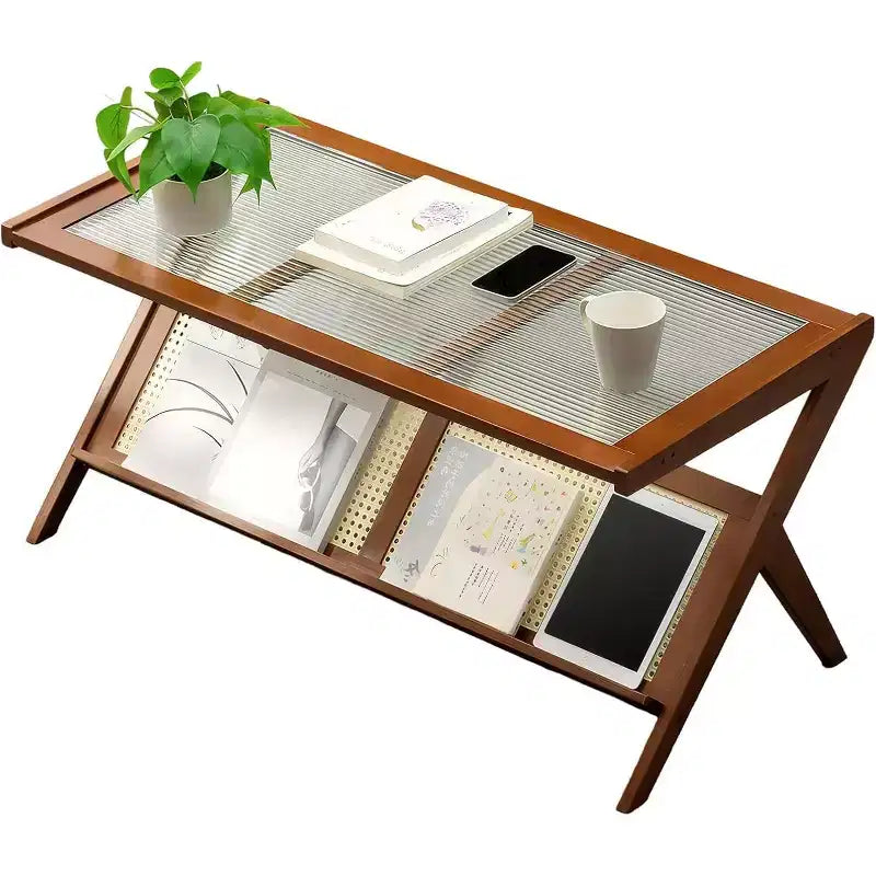 Rattan Coffee Table with Tempered Glass Top and Open Storage