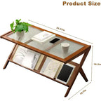 Rattan Coffee Table with Tempered Glass Top and Open Storage