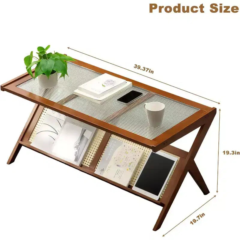 Rattan Coffee Table with Tempered Glass Top and Open Storage