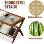 Rattan Coffee Table with Tempered Glass Top and Open Storage
