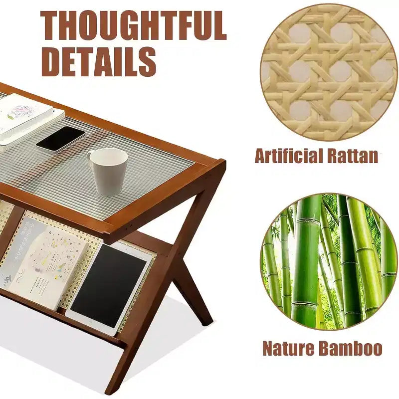 Rattan Coffee Table with Tempered Glass Top and Open Storage