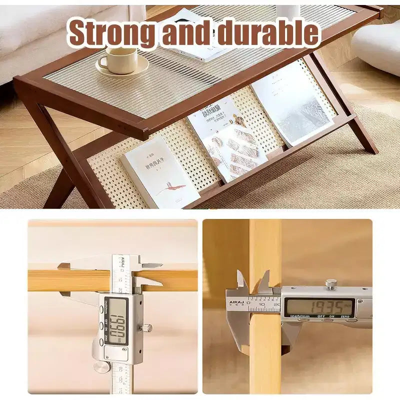 Rattan Coffee Table with Tempered Glass Top and Open Storage