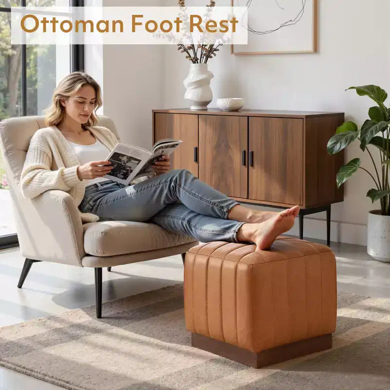 Cube Pouf Ottoman with Wood Grain Base | Upholstered Footrest with Solid Acacia Wood Frame, 500 lbs Capacity