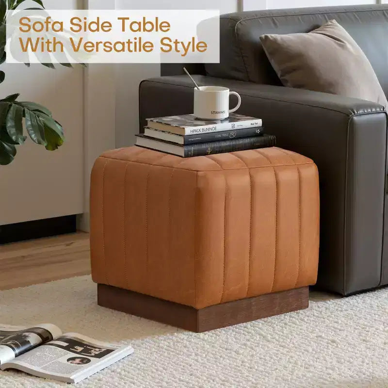 Cube Pouf Ottoman with Wood Grain Base | Upholstered Footrest with Solid Acacia Wood Frame, 500 lbs Capacity