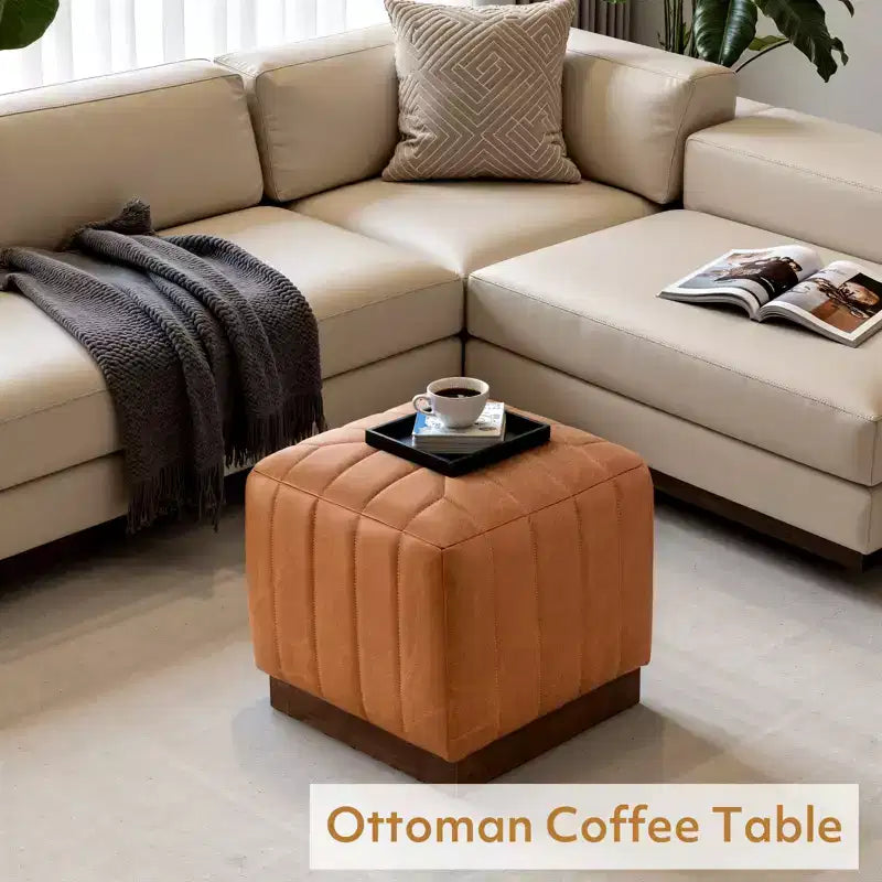 Cube Pouf Ottoman with Wood Grain Base | Upholstered Footrest with Solid Acacia Wood Frame, 500 lbs Capacity