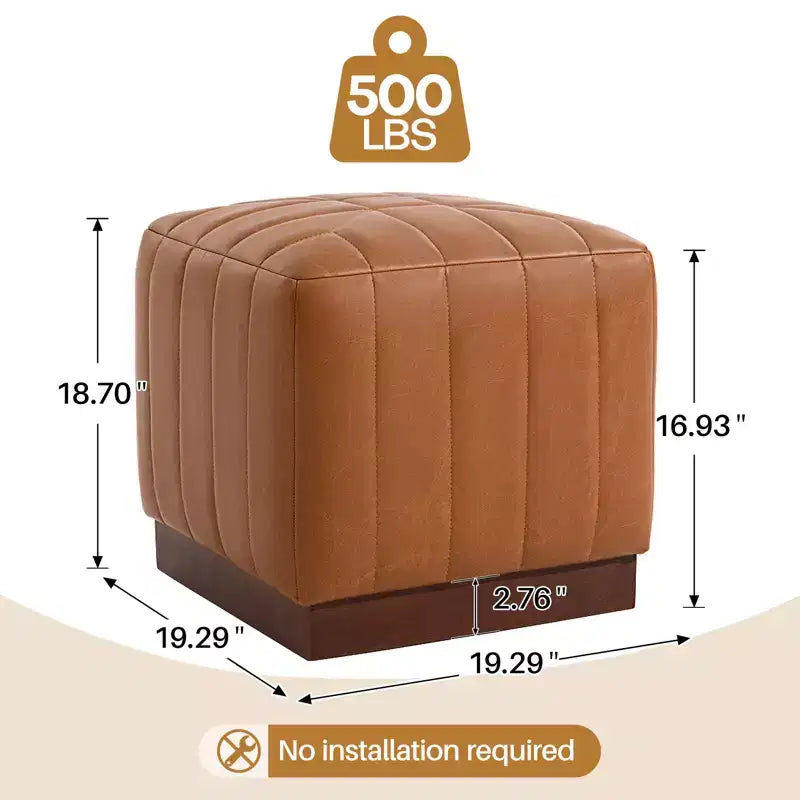 Cube Pouf Ottoman with Wood Grain Base | Upholstered Footrest with Solid Acacia Wood Frame, 500 lbs Capacity
