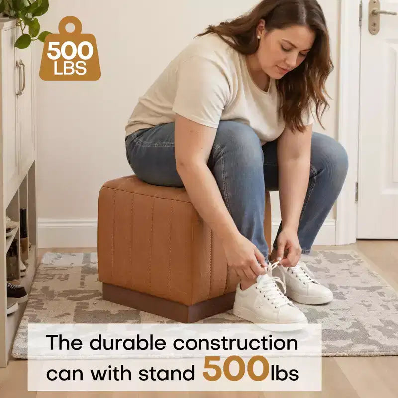 Cube Pouf Ottoman with Wood Grain Base | Upholstered Footrest with Solid Acacia Wood Frame, 500 lbs Capacity
