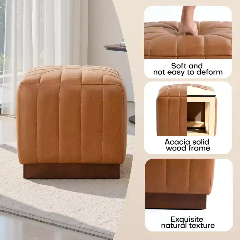 Cube Pouf Ottoman with Wood Grain Base | Upholstered Footrest with Solid Acacia Wood Frame, 500 lbs Capacity