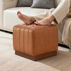 Cube Pouf Ottoman with Wood Grain Base | Upholstered Footrest with Solid Acacia Wood Frame, 500 lbs Capacity