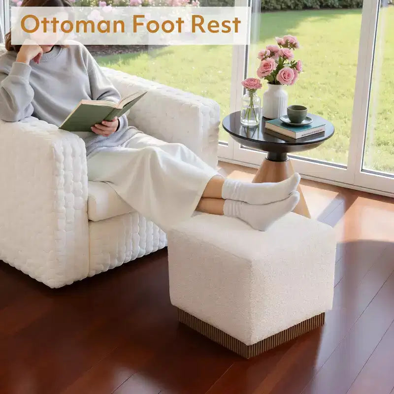 Cube Pouf Ottoman with Wood Grain Base | Upholstered Footrest with Solid Acacia Wood Frame, 500 lbs Capacity