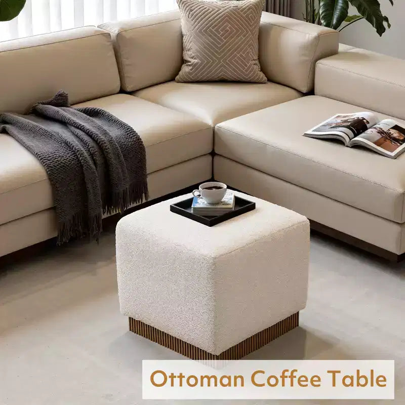 Cube Pouf Ottoman with Wood Grain Base | Upholstered Footrest with Solid Acacia Wood Frame, 500 lbs Capacity