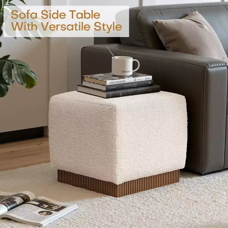 Cube Pouf Ottoman with Wood Grain Base | Upholstered Footrest with Solid Acacia Wood Frame, 500 lbs Capacity
