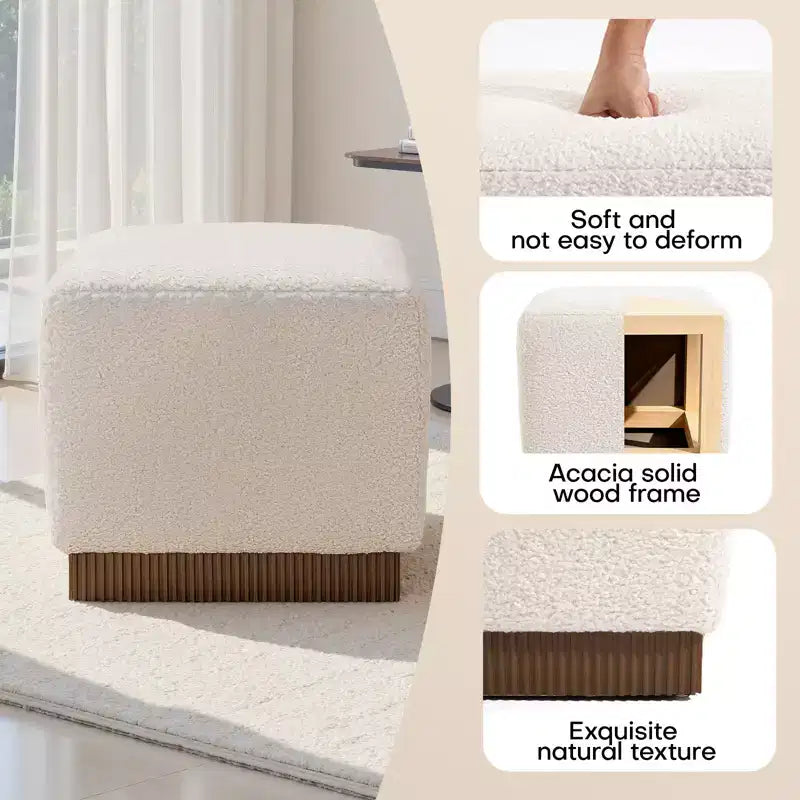 Cube Pouf Ottoman with Wood Grain Base | Upholstered Footrest with Solid Acacia Wood Frame, 500 lbs Capacity